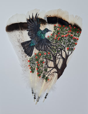 Tui Flying over Pohutukawa - Painted Feather