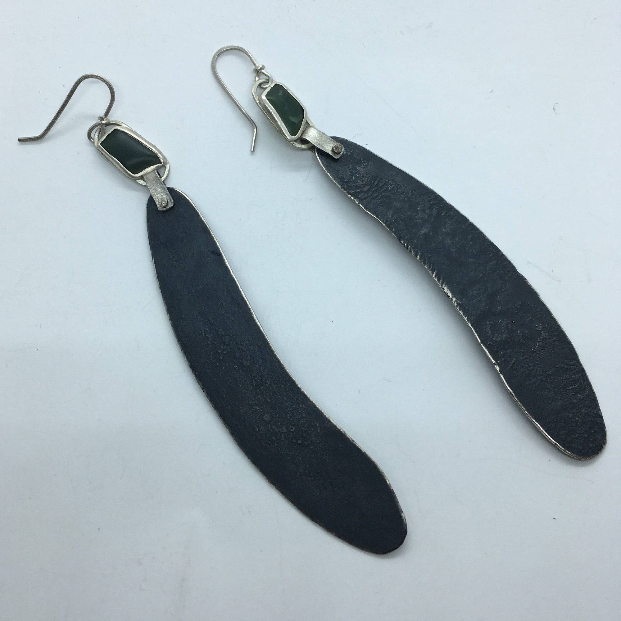 Recycled Silver and Pounamu Long Earrings