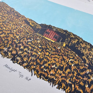 Moonlight Tops Hut - Linocut Print