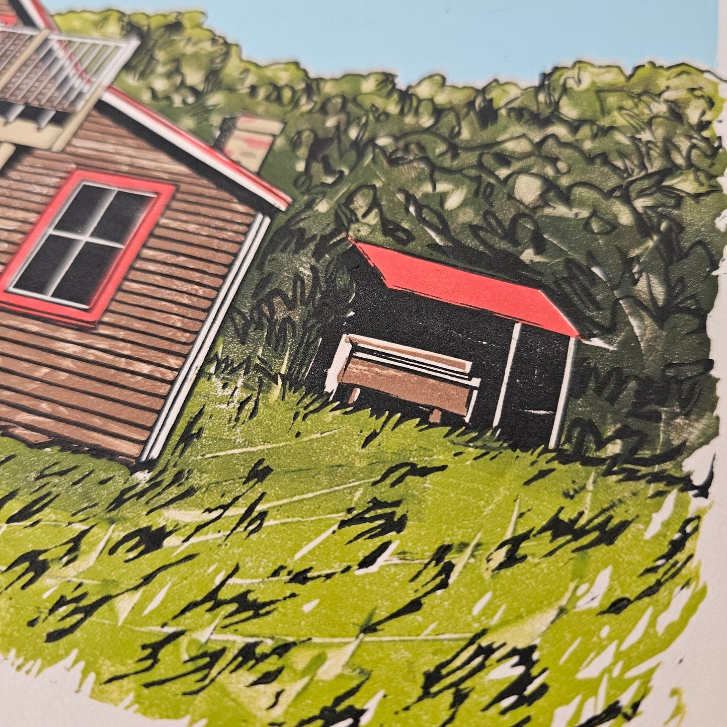 Whariwharangi Hut - Linocut Print