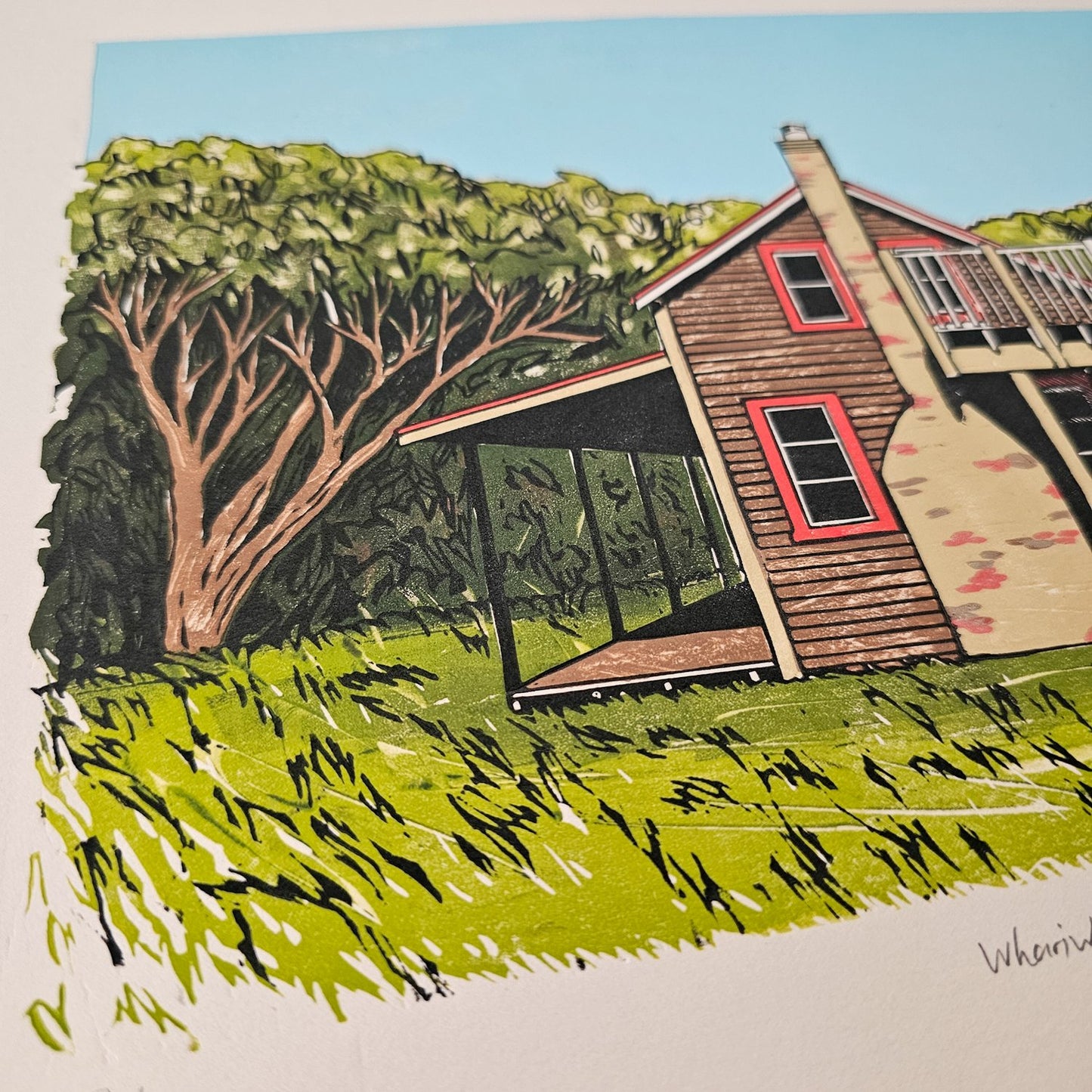 Whariwharangi Hut - Linocut Print