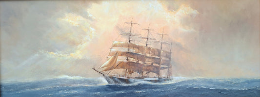 Painting of a ship sailing on the ocean with a cloudy sky.