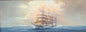Painting of a ship sailing on the ocean with a cloudy sky.