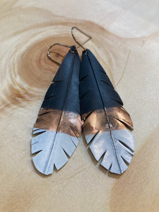 White and Bronze Tip Feather Earrings