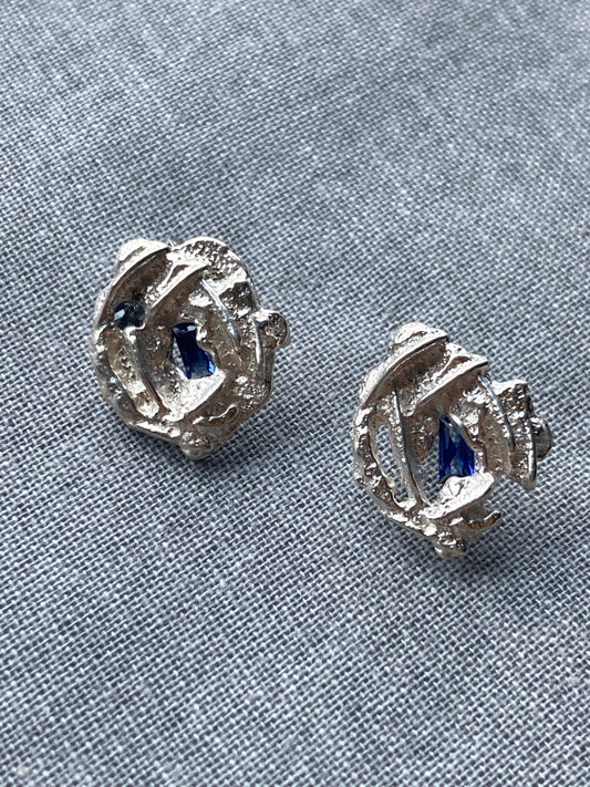 Icicle Multi Gemstone Studs - Silver & Lab Grown blue and natural green sapphire Earrings