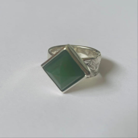 Square Pounamu Ring on Fern Band