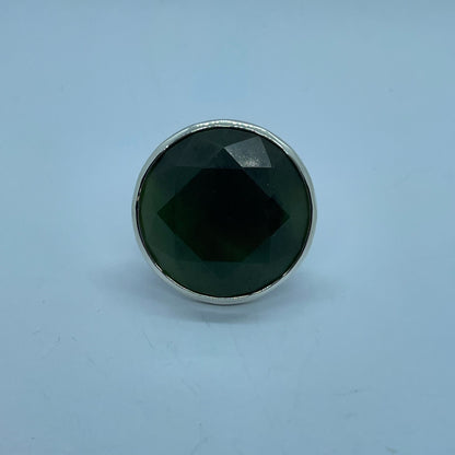 Large Round Faceted Pounamu and Silver Ring