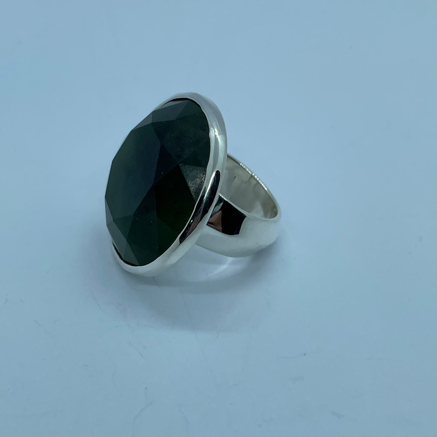 Large Round Faceted Pounamu and Silver Ring