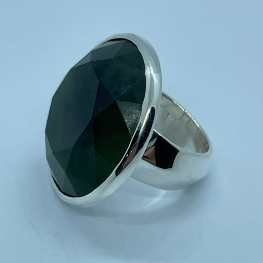 Large Round Faceted Pounamu and Silver Ring