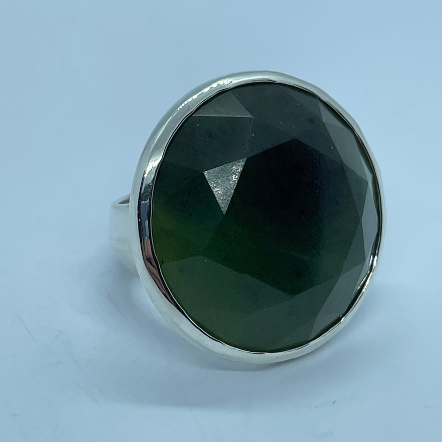 Large Round Faceted Pounamu and Silver Ring