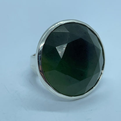 Large Round Faceted Pounamu and Silver Ring