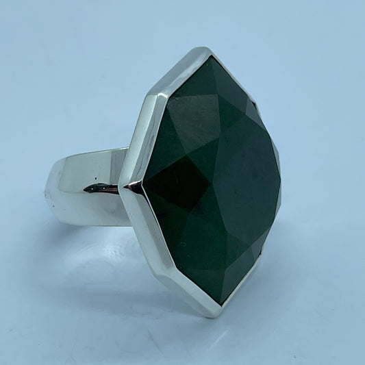 Large Octagonal Faceted Pounamu and Silver Ring