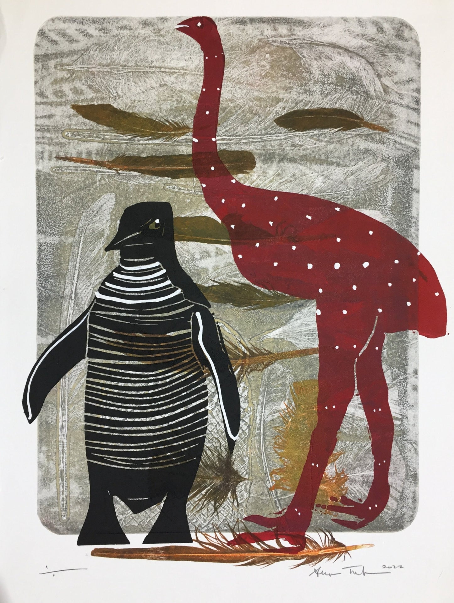 Penguin and Moa Woodblock/Relief Print 1/1 - Sheyne Tuffery