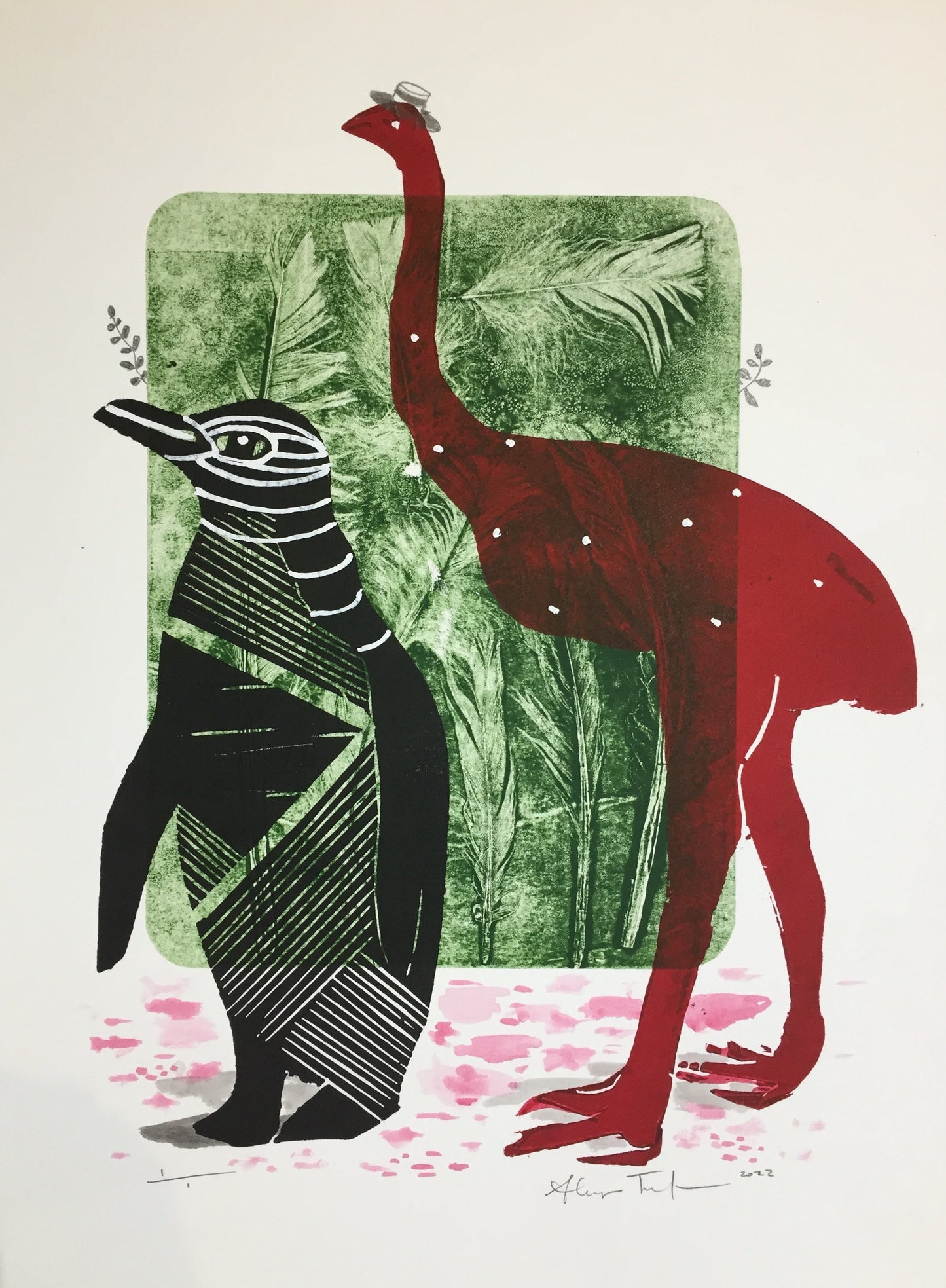 Hoiho and Moa Woodblock/Relief Print 1/1 - Sheyne Tuffery