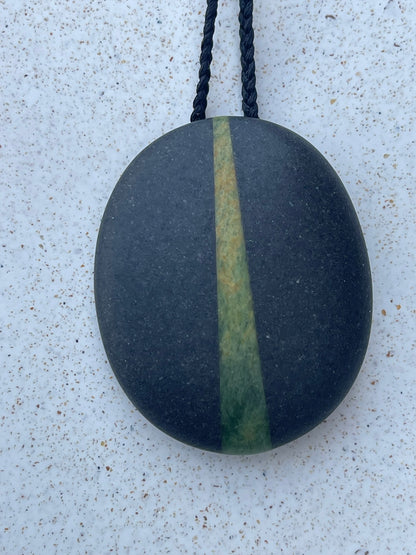 Splice Pebble Pendant - Onewa & Pounamu (Flower Jade)