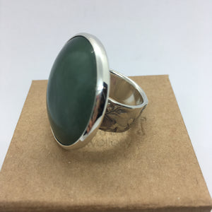 Large Round Pounamu and Silver Ring with Fern Band