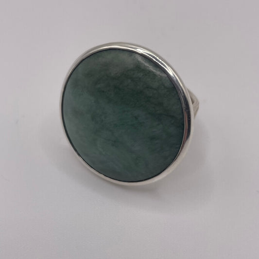 Large Round Pounamu and Silver Ring with Kowhai Band