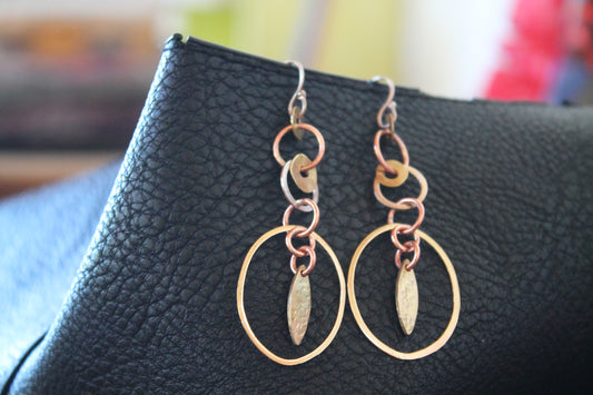 Silver, Copper and Brass Leaf Hoop Earrings