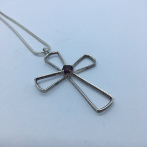 Silver and Garnet Cross Pendant Necklace