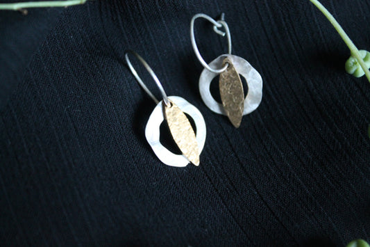 Leaf Ring Silver Brass Hoop Earrings