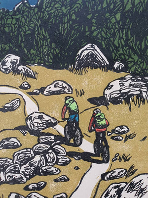 Bikers Biking - Linocut Print